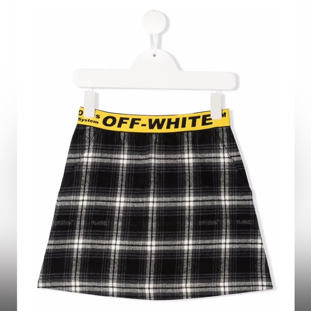 Off-White Black and White Plaid Kids Skirt with Yellow Logo Waistband
